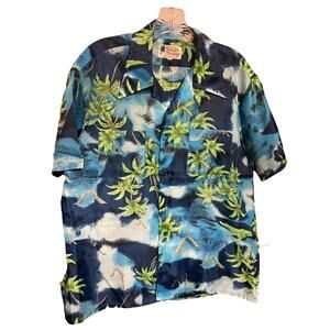 70s Waikiki Holiday Men’s L Shirt Hawaiian Blue Coconut Palm Tree Tiki Vintage